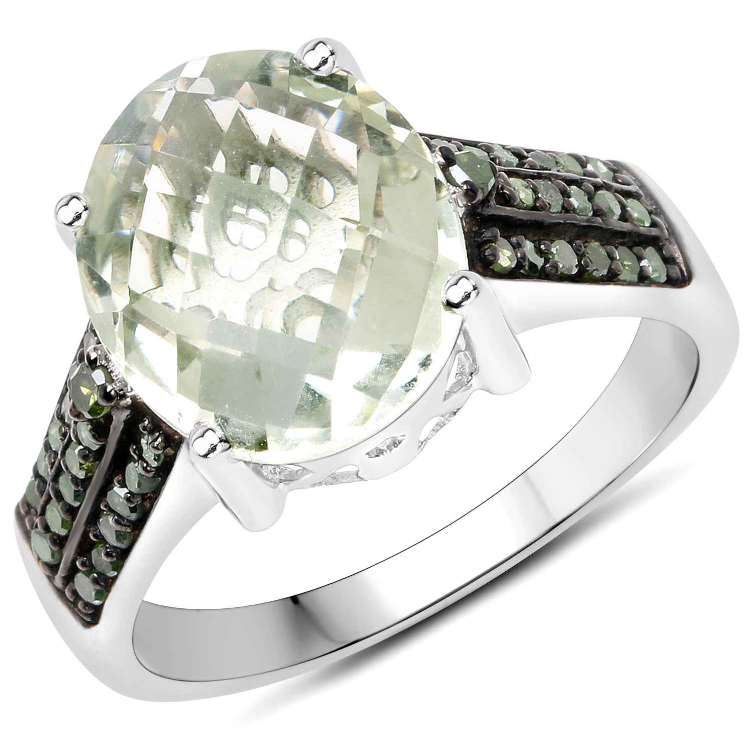 4.41 Carat Genuine Green Amethyst and Green Diamond .925 Sterling Silver Ring Bids.com