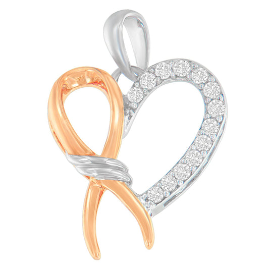 Two-Toned .925 Sterling Silver 1/5 cttw Round Cut Diamond Ribbon Heart Accent Pendant Necklace (H-I, I2-I3) Bids.com