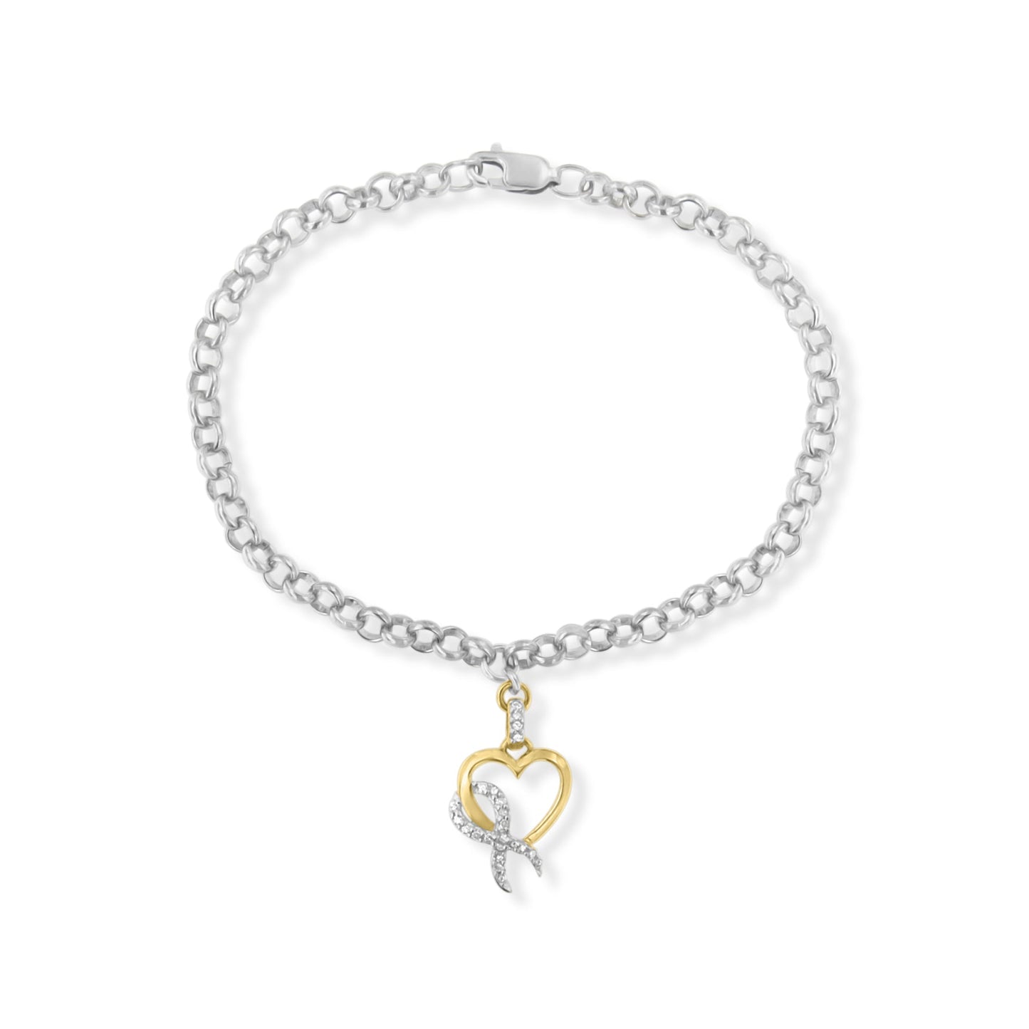 10K Yellow Gold 1/10 Cttw Diamond Awareness Ribbon & Heart Charm on 7" .925 Sterling Silver Rolo Bracelet (H-I Color, I1-I2 Clarity) Bids.com