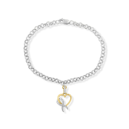 10K Yellow Gold 1/10 Cttw Diamond Awareness Ribbon & Heart Charm on 7" .925 Sterling Silver Rolo Bracelet (H-I Color, I1-I2 Clarity) Bids.com