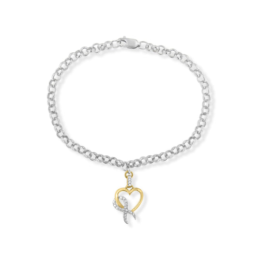 10K Yellow Gold 1/10 Cttw Diamond Awareness Ribbon & Heart Charm on 7" .925 Sterling Silver Rolo Bracelet (H-I Color, I1-I2 Clarity) Bids.com