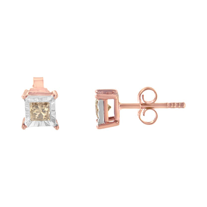 14K Rose Gold Plated Two-Tone .925 Sterling Silver 1/2 Cttw Princess-Cut Square Diamond Solitaire Miracle-Plate Stud Earrings (K-L Color, I2-I3 Clarity) Bids.com