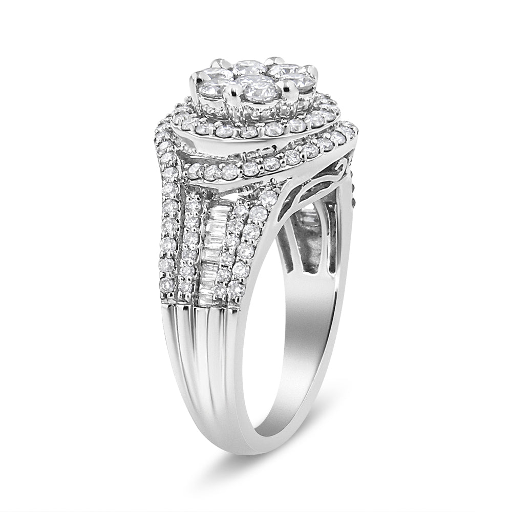 14K White Gold 1 1/2 Cttw Diamond Floral Cluster and Studded Shank Halo Ring (H-I Color, SI2-I1 Clarity) - Ring Size 7 Bids.com