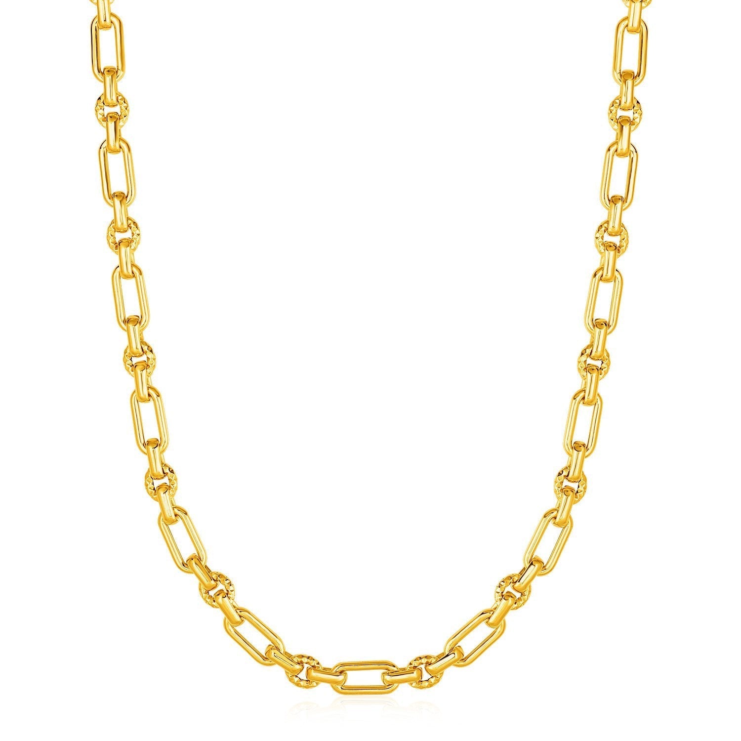 Rounded Rectangular Link Necklace with Textured Round Links in 14k Yellow Gold Bids.com