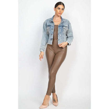 Accented Rhinestones Pocketed Denim Jacket DailySale