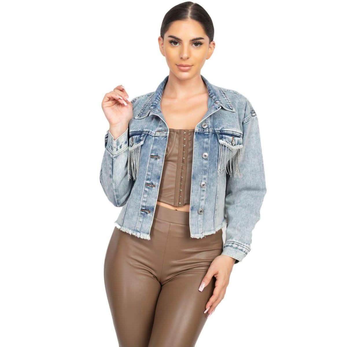 Accented Rhinestones Pocketed Denim Jacket DailySale