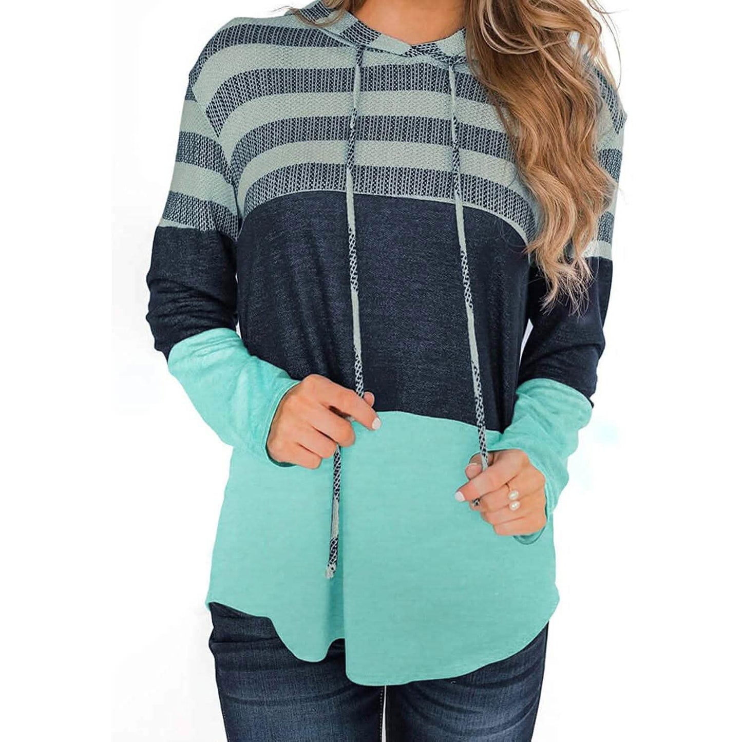 Actloe Women Long Sleeve Striped Color Block Casual Hoodies DailySale