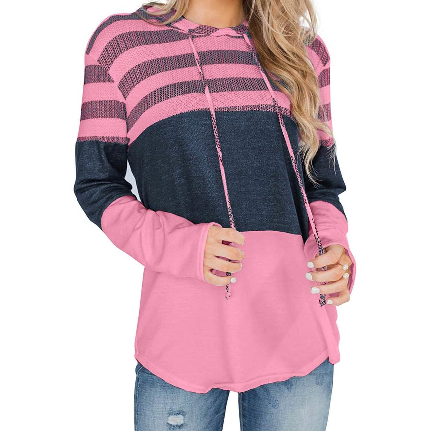 Actloe Women Long Sleeve Striped Color Block Casual Hoodies DailySale