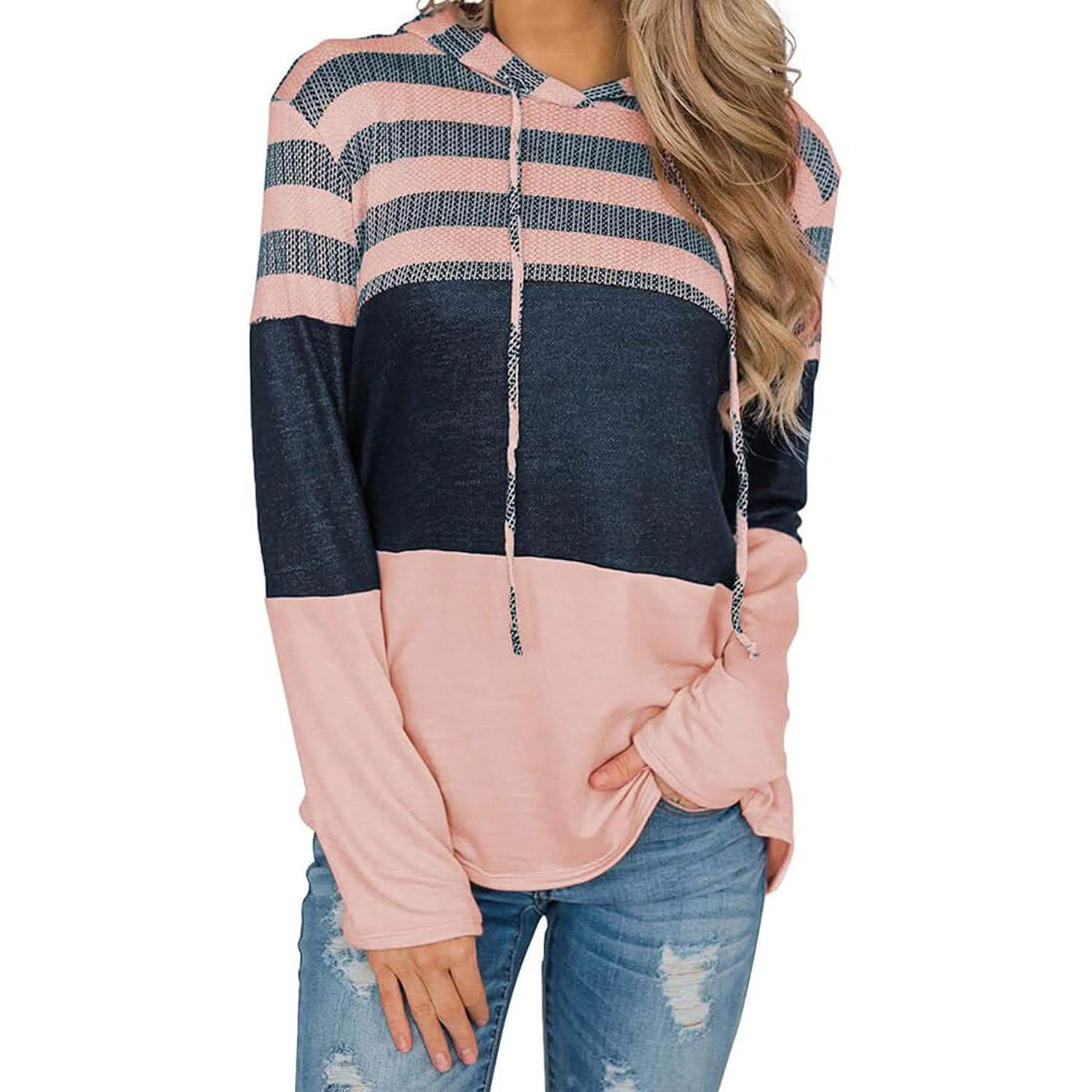 Actloe Women Long Sleeve Striped Color Block Casual Hoodies DailySale
