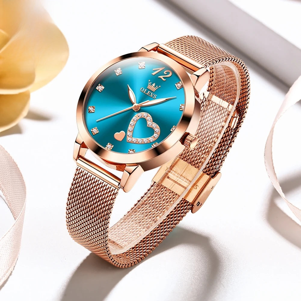 Rose Gold Mesh Women's Watch Heart Crystal Dial Quartz BandsCo Straps