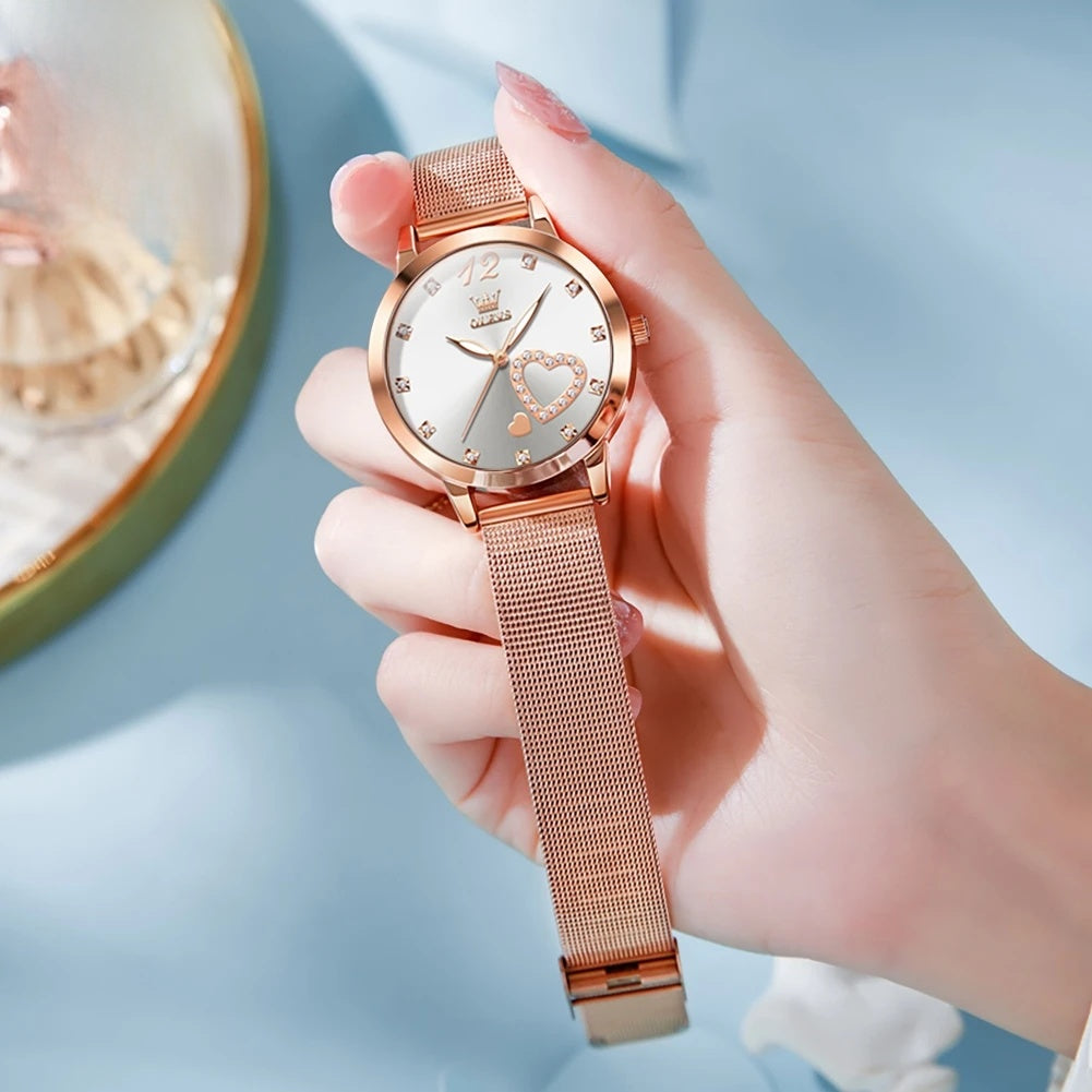 Rose Gold Mesh Women's Watch Heart Crystal Dial Quartz BandsCo Straps