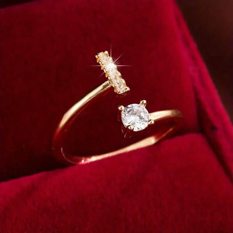 Adjustable Copper Initial Ring with Four-Claw Round Zirconia DailySale