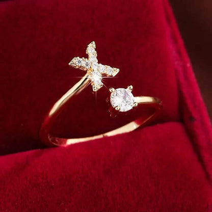Adjustable Copper Initial Ring with Four-Claw Round Zirconia DailySale