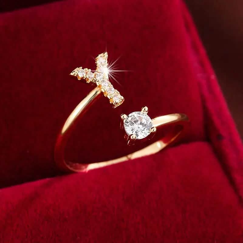 Adjustable Copper Initial Ring with Four-Claw Round Zirconia DailySale