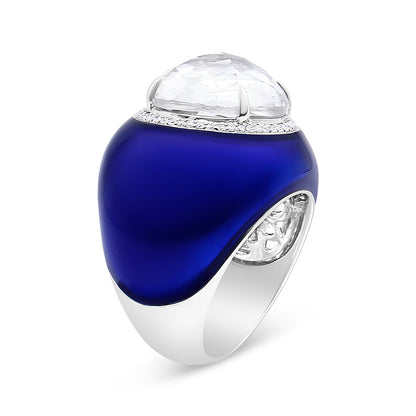 18K White Gold 14mm White Quartz and 1/5 Cttw Diamond Halo with Blue Enamel Dome Ring (F-G Color, VS1-VS2 Clarity) - Ring Size 7 Bids.com