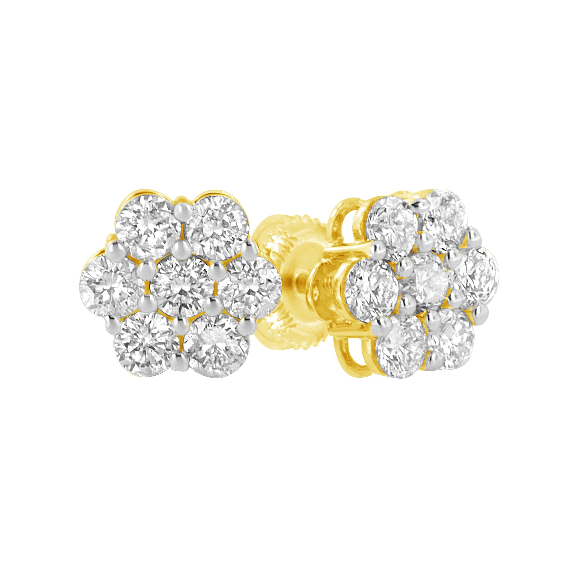 14K Yellow Gold 1 1/2 Cttw 7 Stone Floral Cluster Round Brilliant Cut Diamond Stud Earrings with Screw Backs (I-J Color, SI1-SI2 Clarity) Bids.com