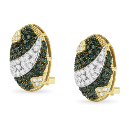 Black and White Rhodium over 14K Yellow Gold 2-1/10 Cttw White and Blue Diamond Oval Omega Back Stud Earrings (H-I and Blue Color, SI1-SI2 Clarity) Bids.com