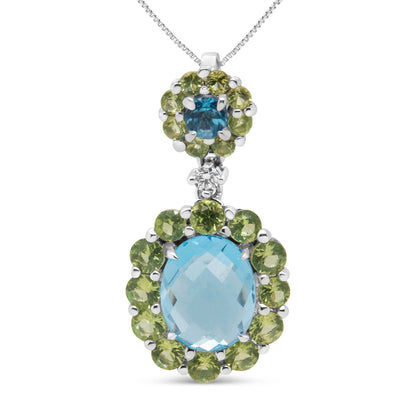 18k White Gold 0.05 Cttw Round Diamond and Blue Topaz and Green Peridot Gemstone Halo Drop 18" Pendant Necklace (F-G Color, VS1-VS2 Clarity) Bids.com