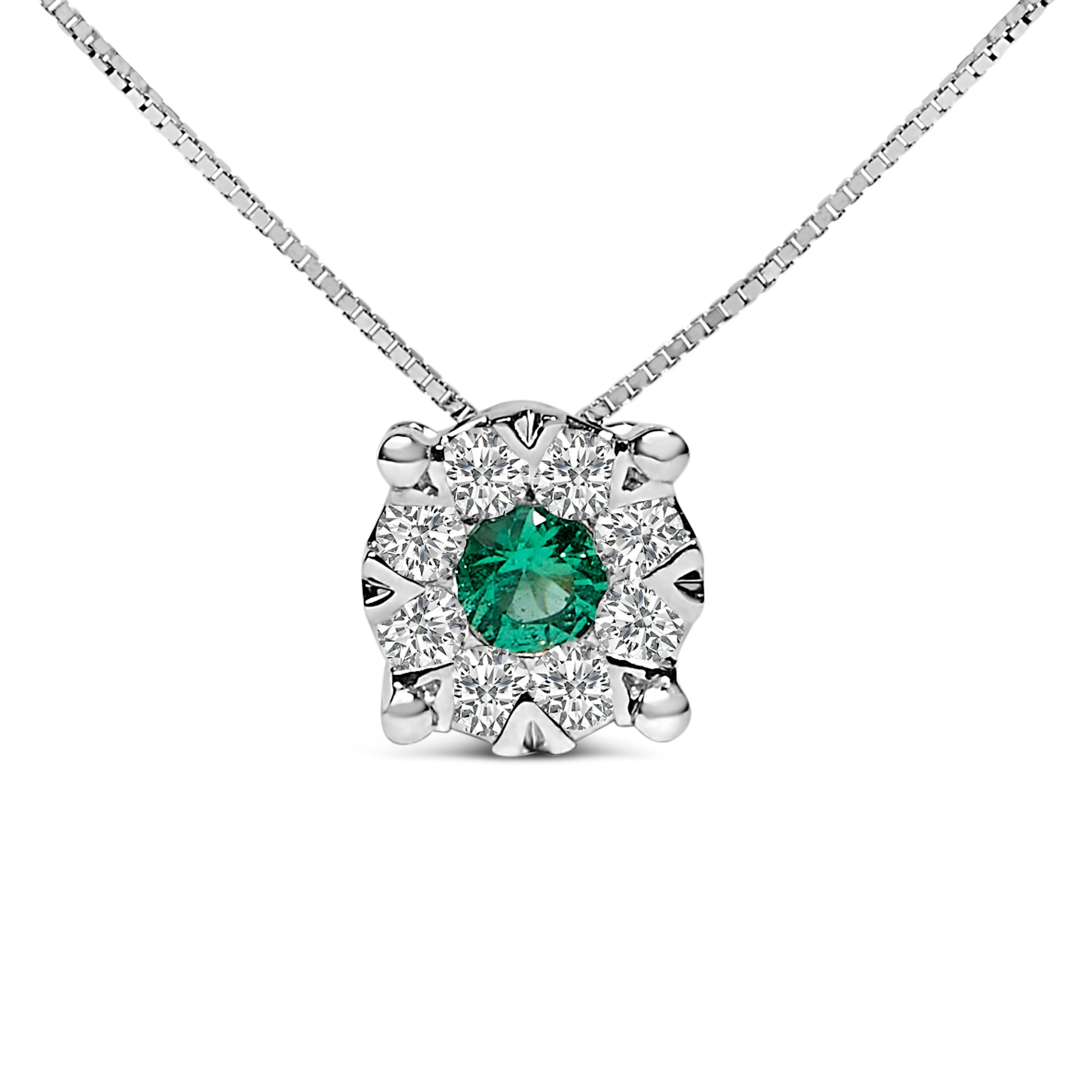 14K White Gold 3.8 MM Green Emerald and 1/3 Cttw Diamond Composite Halo 18" Pendant Necklace (F-G Color, VS2-SI1 Clarity) Bids.com