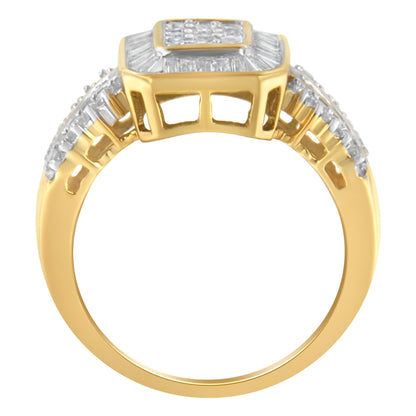 10K Yellow Gold Round and Baguette-Cut Diamond Cluster Ring (1.0 Cttw, I-J Color, SI1-SI2 Clarity) - Size 7 Bids.com