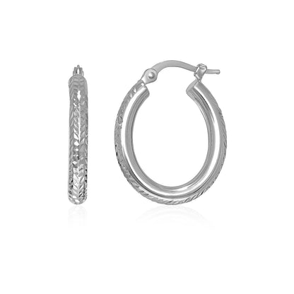14k White Gold Diamond Cut Textured Oval Hoop Earrings. Bids.com