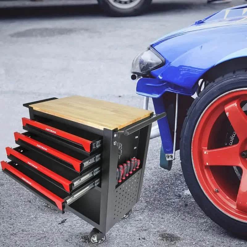 4 Drawers Multifunctional Tool Cart With Wheels And Wooden Top DailySale