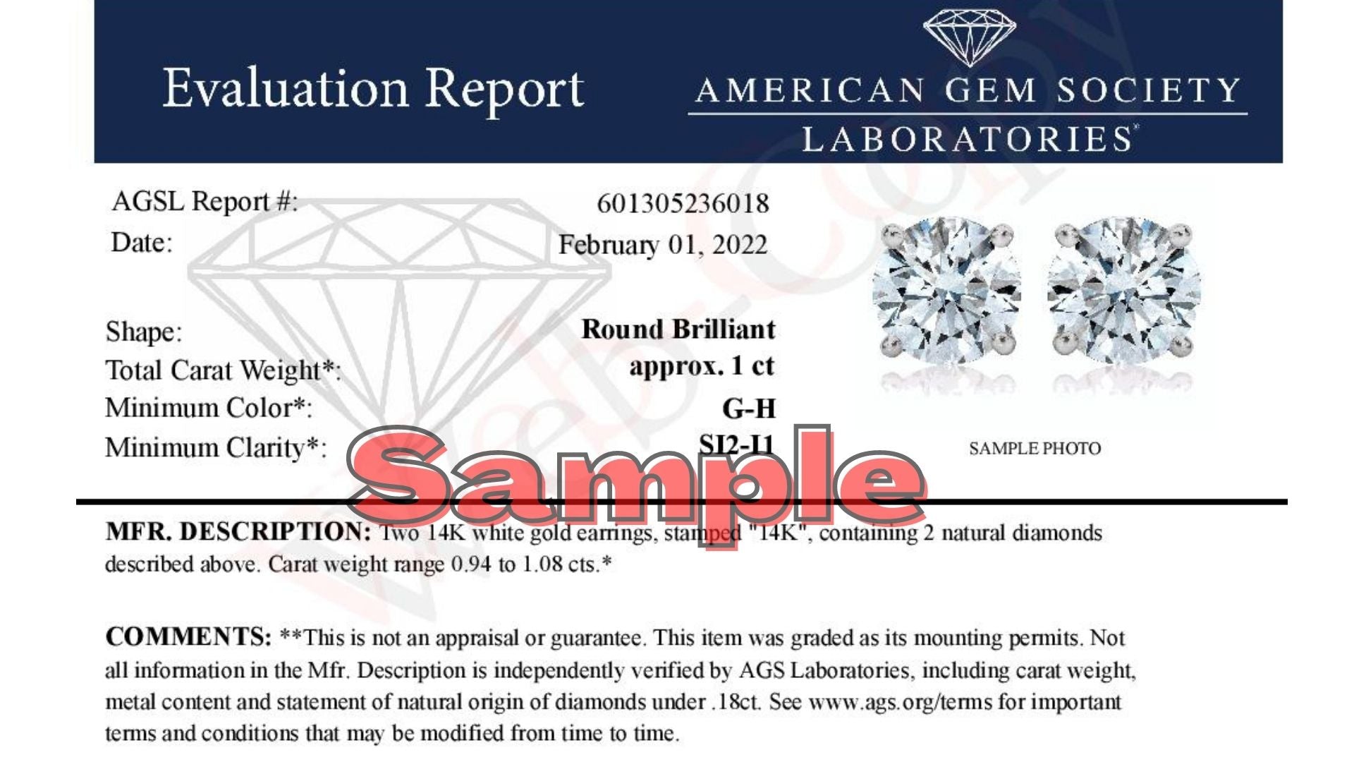 AGS Certified 14K White Gold 1.0 Cttw 4-Prong Set Brilliant Round-Cut Solitaire Diamond Push Back Stud Earrings (G-H Color, SI2-I1 Clarity) Bids.com