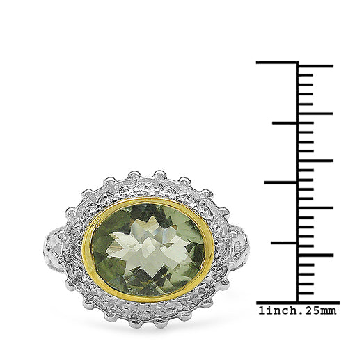 Two Tone Plated 4.16 Carat Genuine Green Amethyst & White Topaz .925 Sterling Silver Ring Bids.com