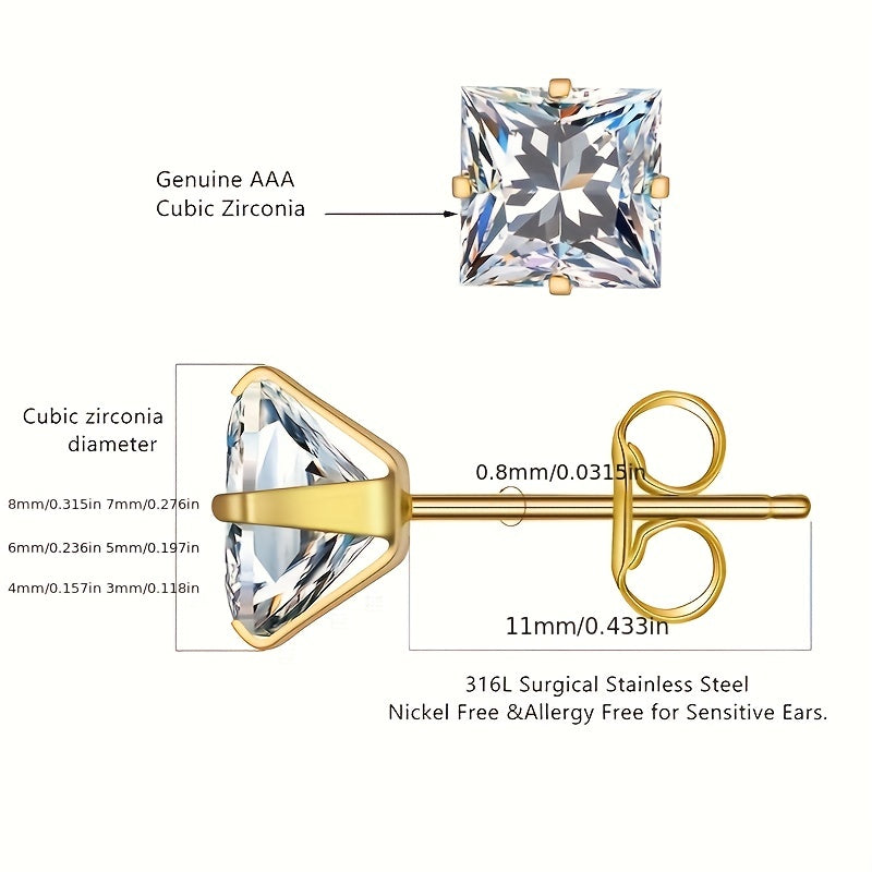 316 Stainless Steel Square Stud Earrings with Cubic Zirconia Accents DailySale
