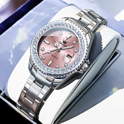Women's Sunray Dial Zircon Bezel Steel Quartz Watch BandsCo Straps