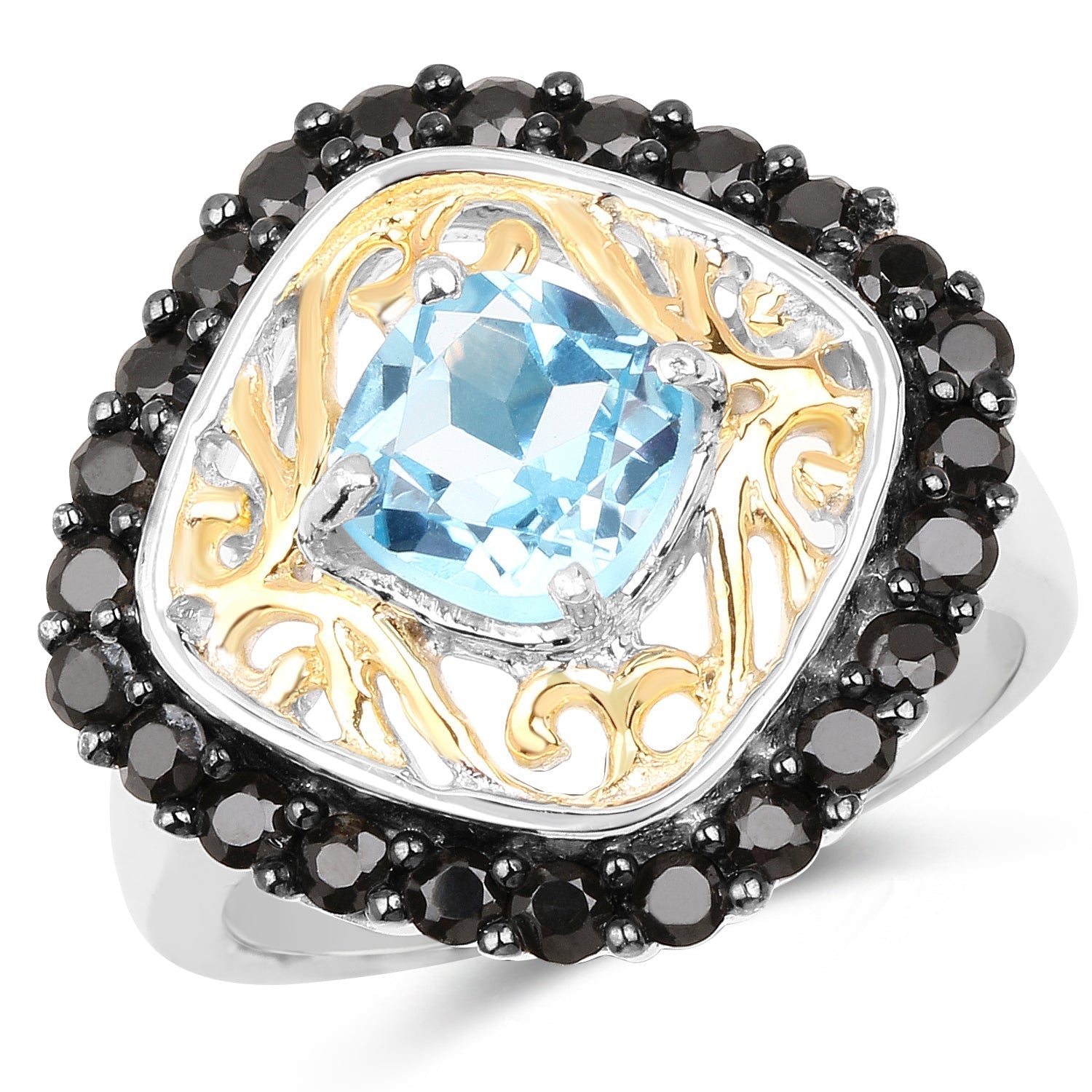 Two Tone Plated 2.85 Carat Genuine Swiss Blue Topaz and Black Spinel .925 Sterling Silver Ring Bids.com
