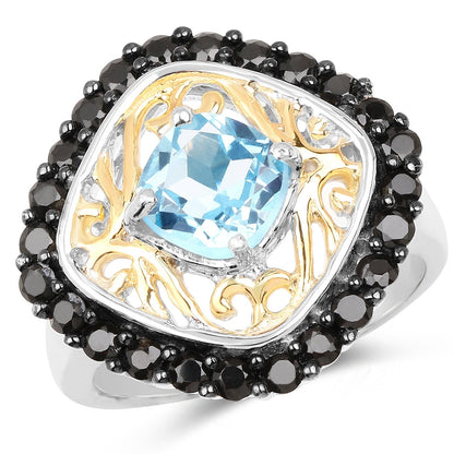 Two Tone Plated 2.85 Carat Genuine Swiss Blue Topaz and Black Spinel .925 Sterling Silver Ring Bids.com