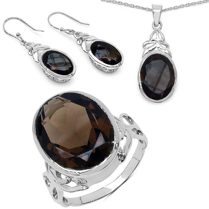 26.52 Carat Genuine Smoky Quartz .925 Sterling Silver Ring, Pendant and Earrings Set Bids.com