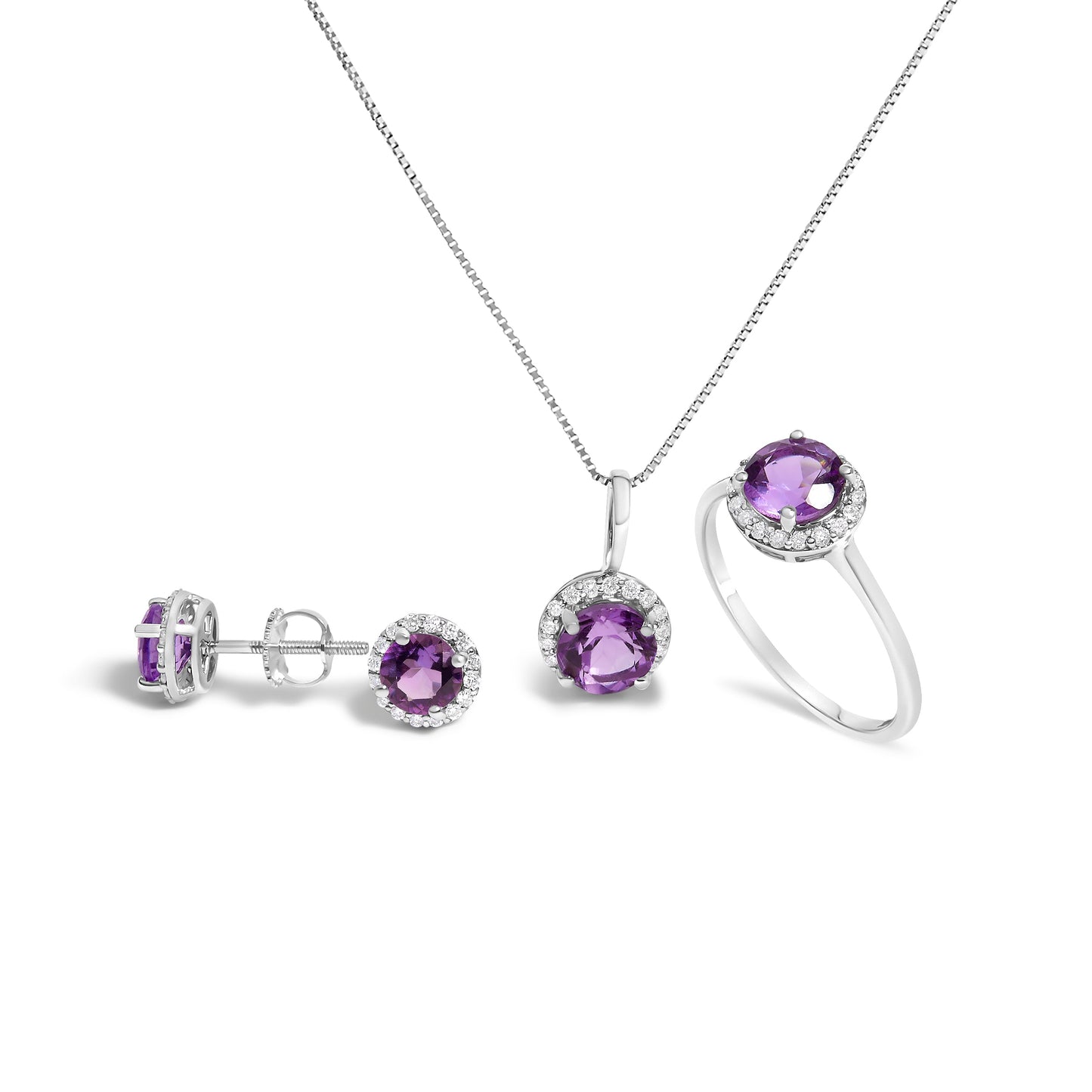 10K White Gold Purple Amethyst and 3/8 Cttw Diamond Halo Jewelry Set (Earrings, Pendant & Ring) Bids.com