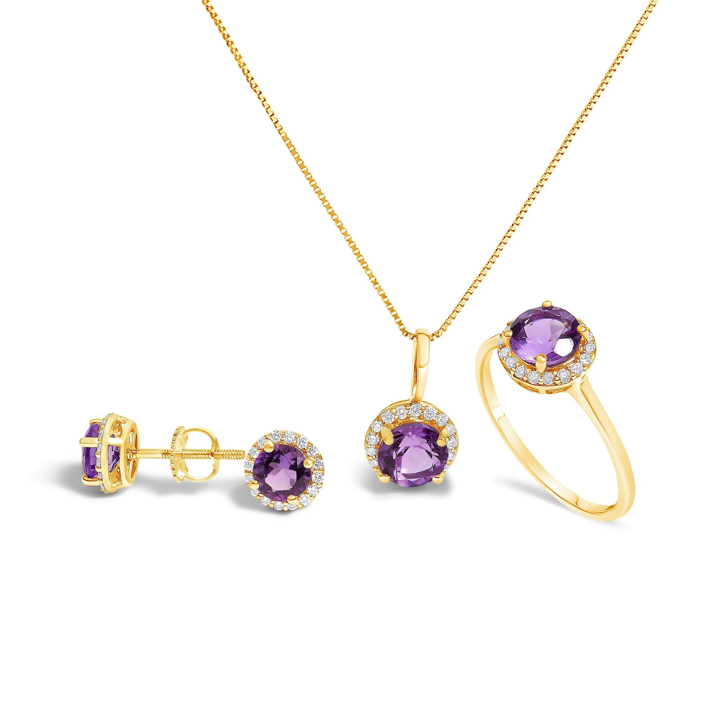 10K White Gold Purple Amethyst and 3/8 Cttw Diamond Halo Jewelry Set (Earrings, Pendant & Ring) Bids.com