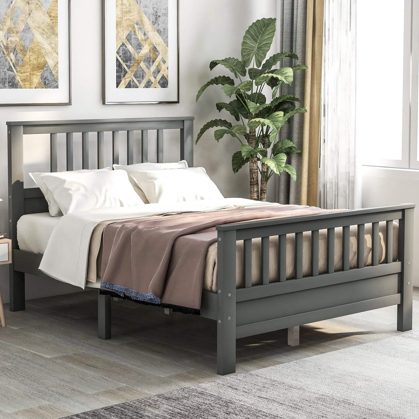 Anysun Full Size Bed Frame Solid Wood Platform Bed with Headboard for Kid's DailySale