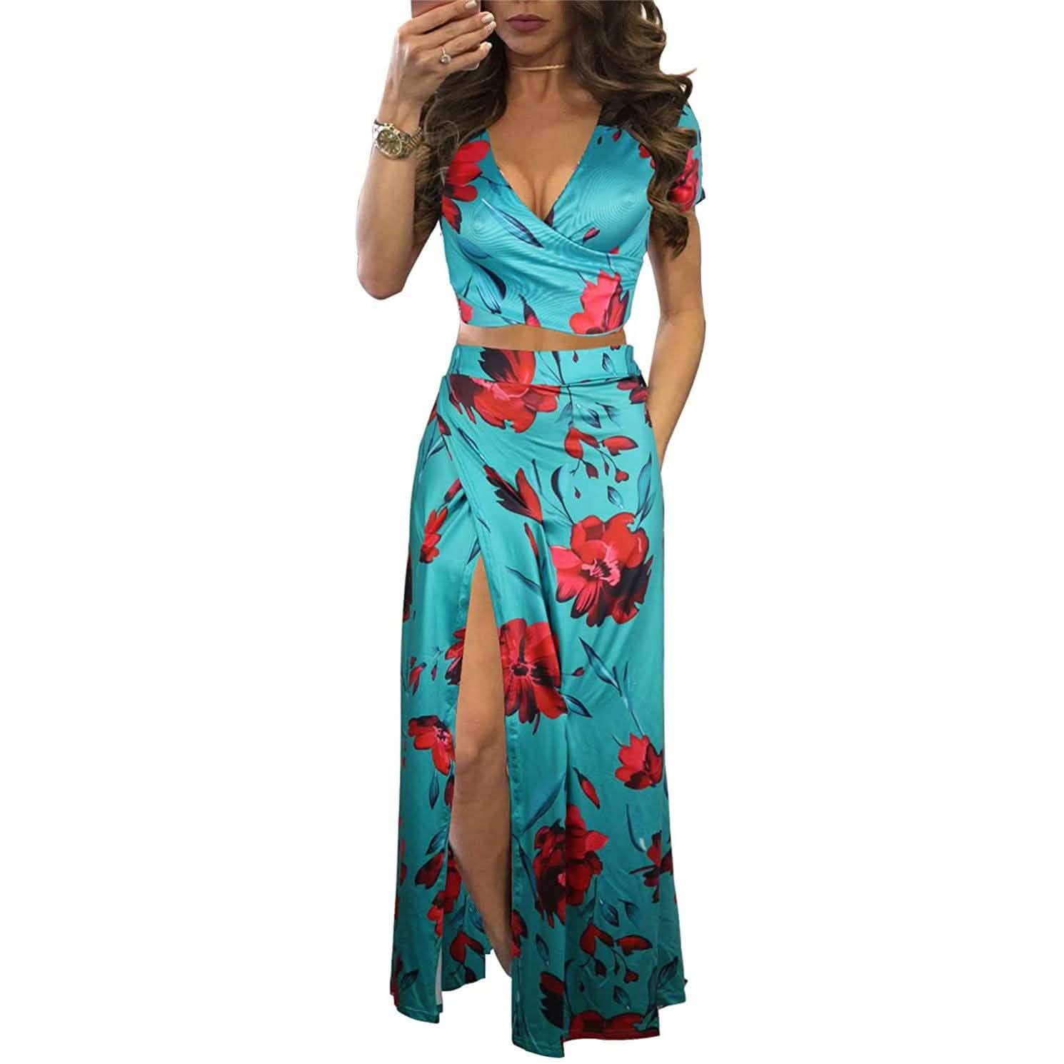 Aro Lora Women's Sexy V Neck Floral Printed Side Slit Two-Piece Maxi Dress DailySale
