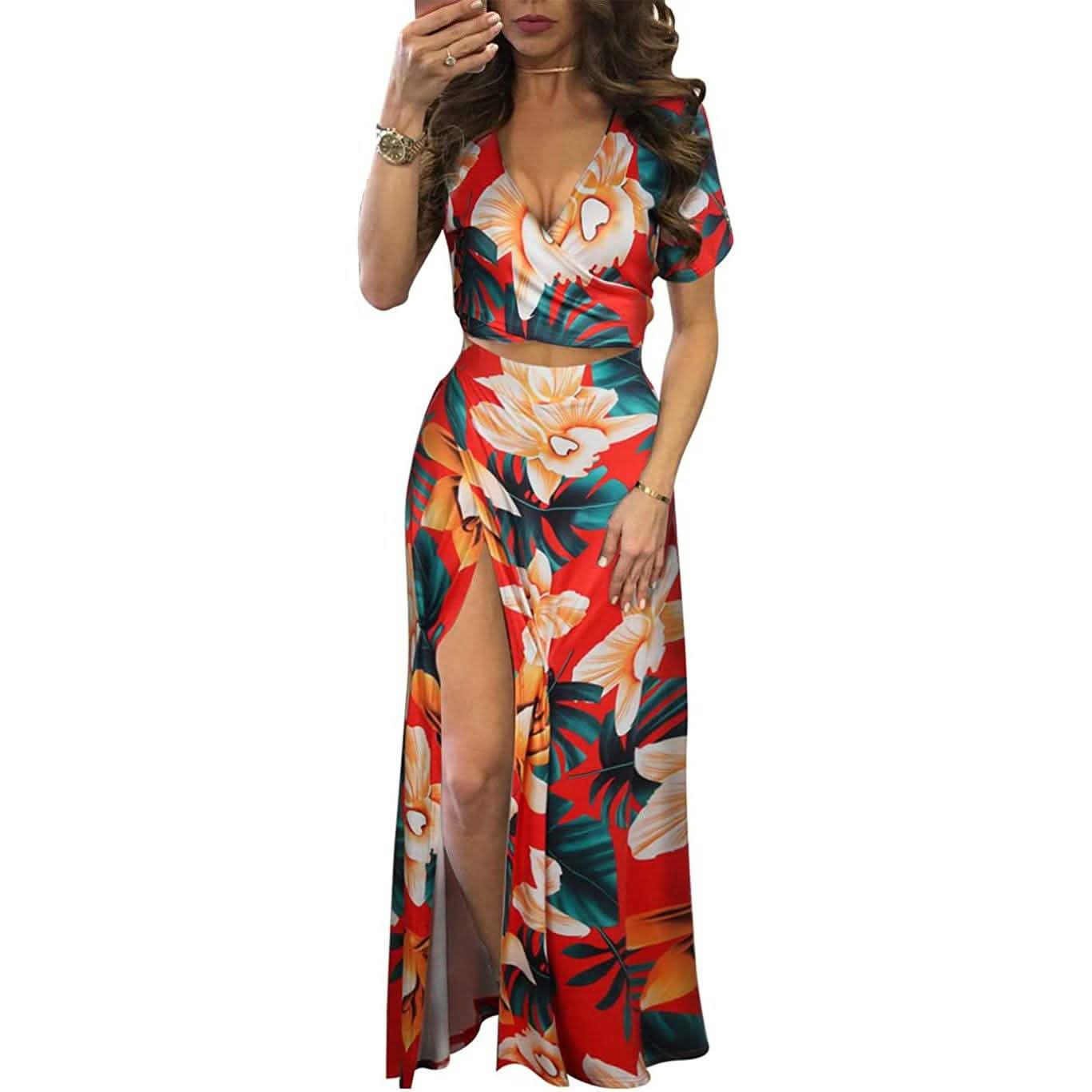 Aro Lora Women's Sexy V Neck Floral Printed Side Slit Two-Piece Maxi Dress DailySale