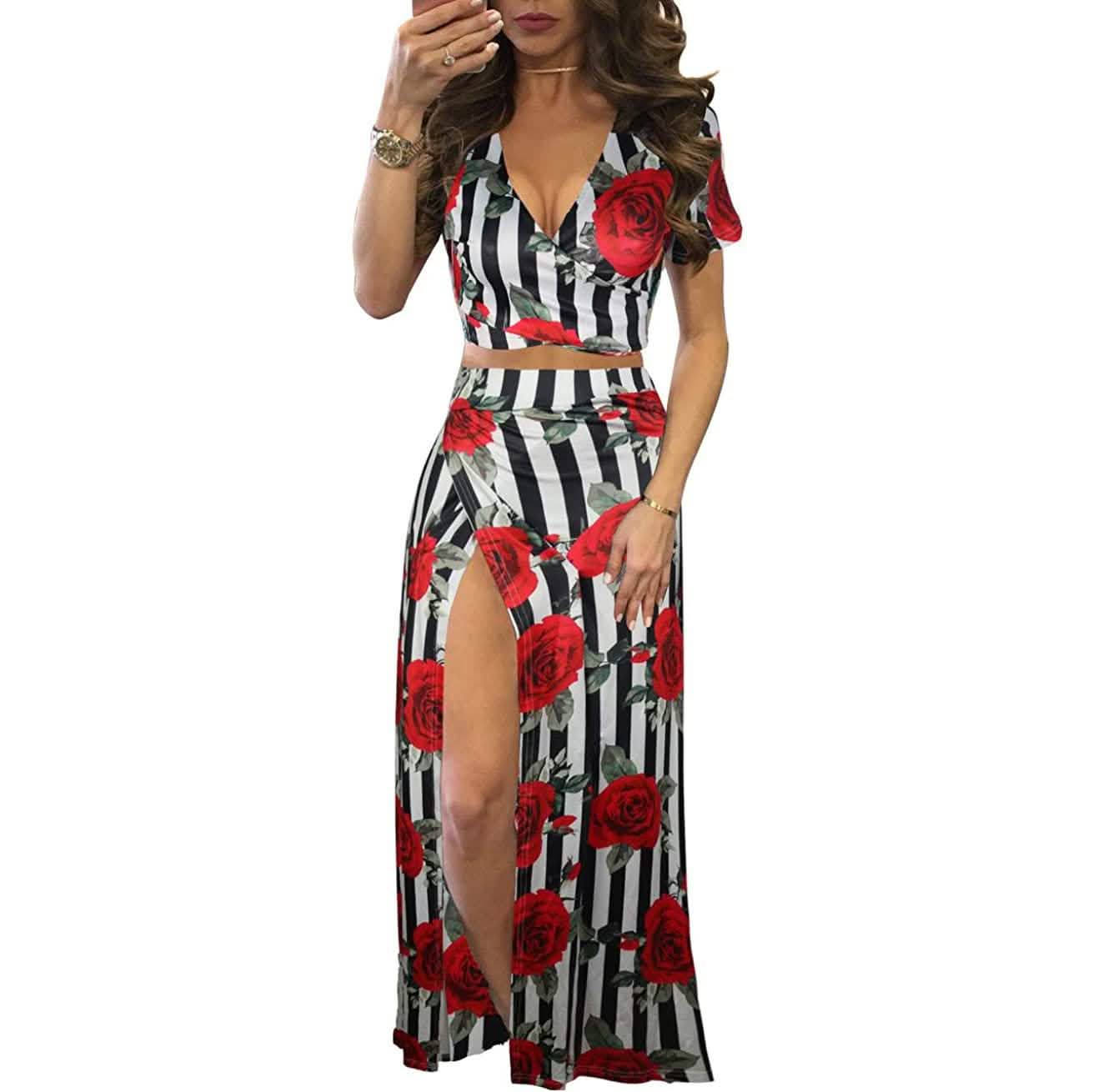 Aro Lora Women's Sexy V Neck Floral Printed Side Slit Two-Piece Maxi Dress DailySale