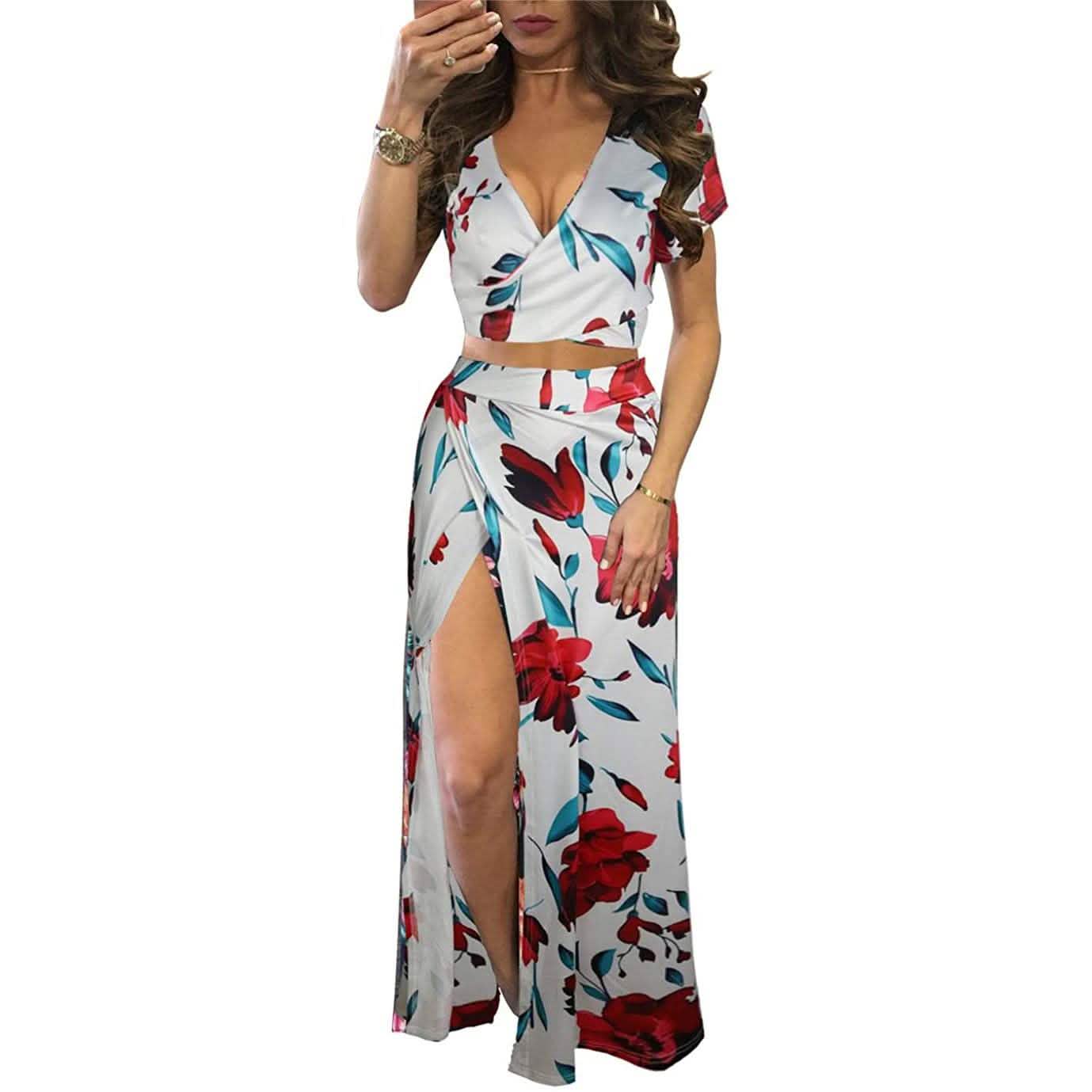 Aro Lora Women's Sexy V Neck Floral Printed Side Slit Two-Piece Maxi Dress DailySale