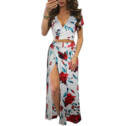 Aro Lora Women's Sexy V Neck Floral Printed Side Slit Two-Piece Maxi Dress DailySale