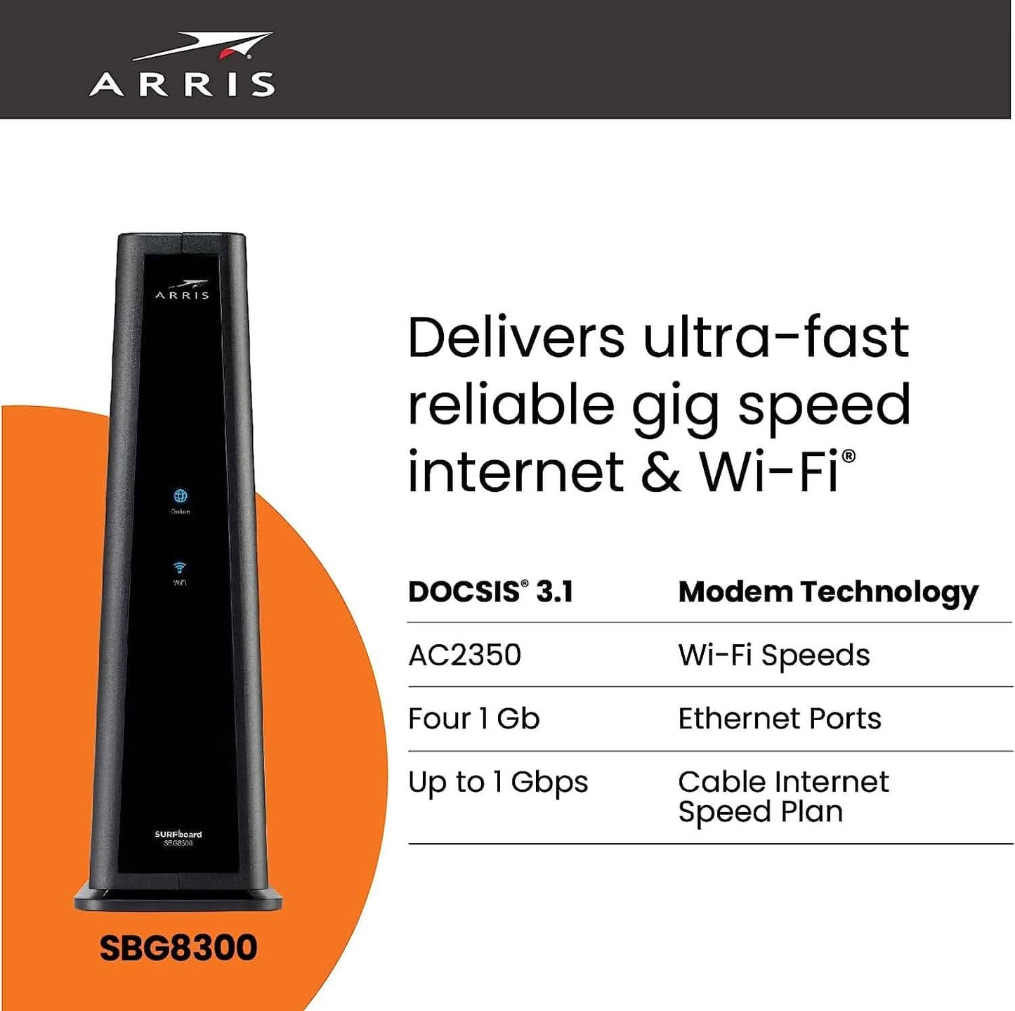 ARRIS SURFboard SBG8300 DOCSIS 3.1 Gigabit Cable Modem & AC2350 Wi-Fi Router (Refurbished) DailySale