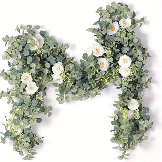 Artificial Eucalyptus Garland With Fake Roses & Gypsophila, Faux Floral Greenery DailySale