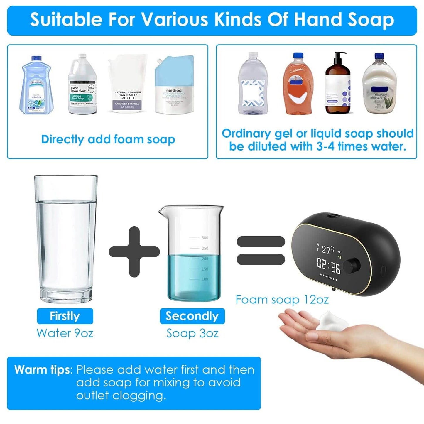 Automatic Soap Dispenser Wall Mounted Hand Free with Clock Temperature DailySale