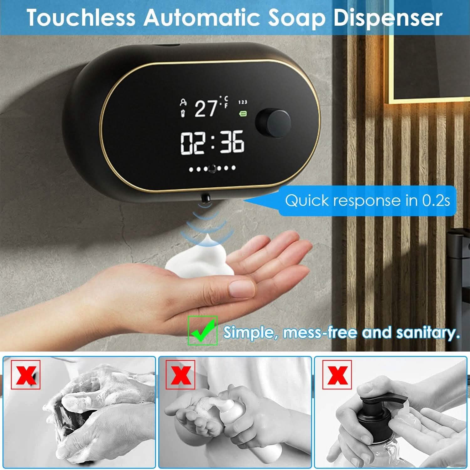 Automatic Soap Dispenser Wall Mounted Hand Free with Clock Temperature DailySale