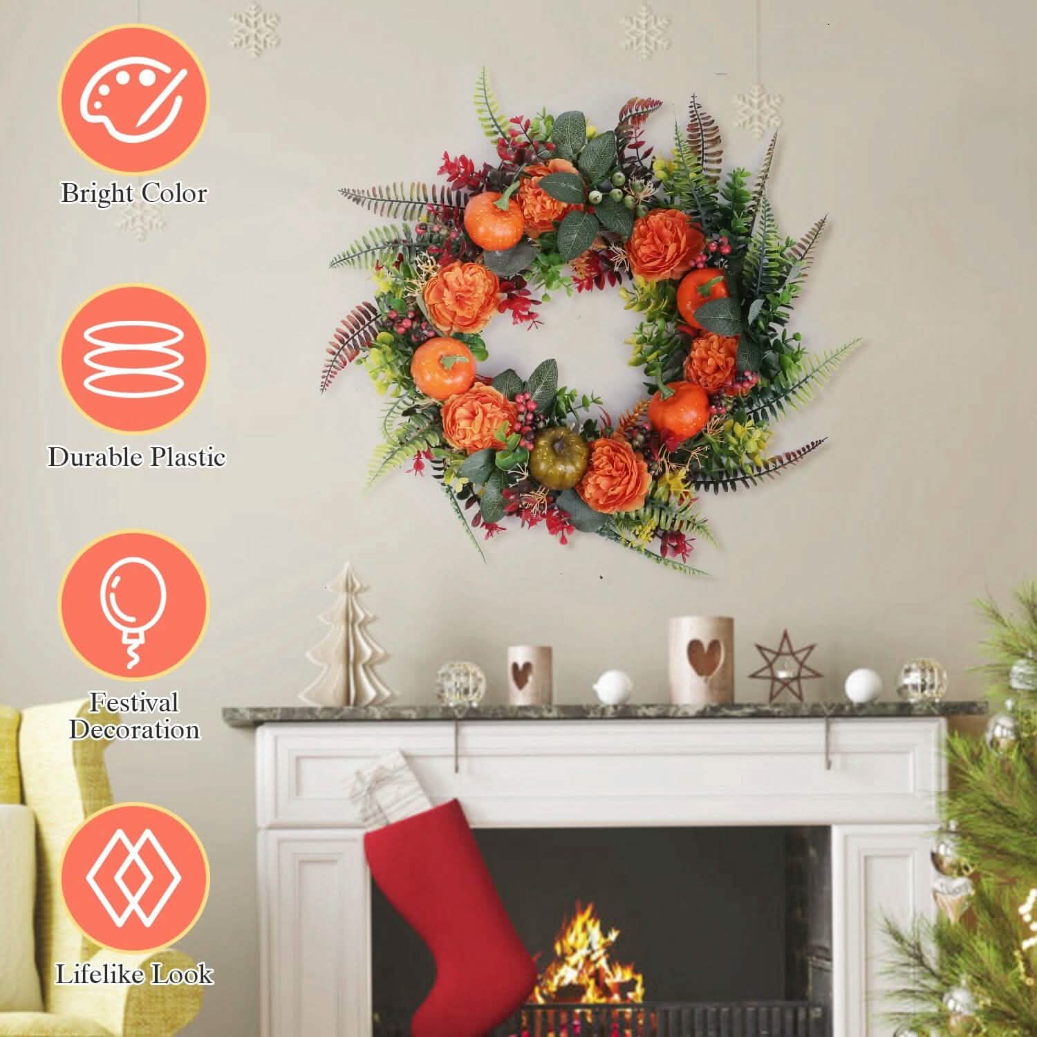 Autumn Wreath with Pumpkin Mixed Leaves Berries Flower Fall DailySale