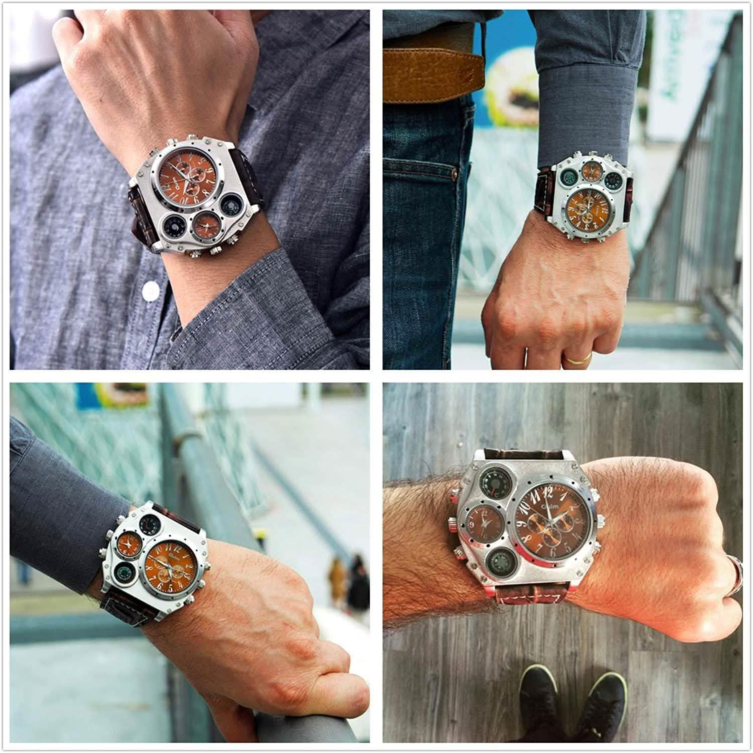 Avaner Mens Big Face Dual Time Zone Leather Strap Sport Watch DailySale