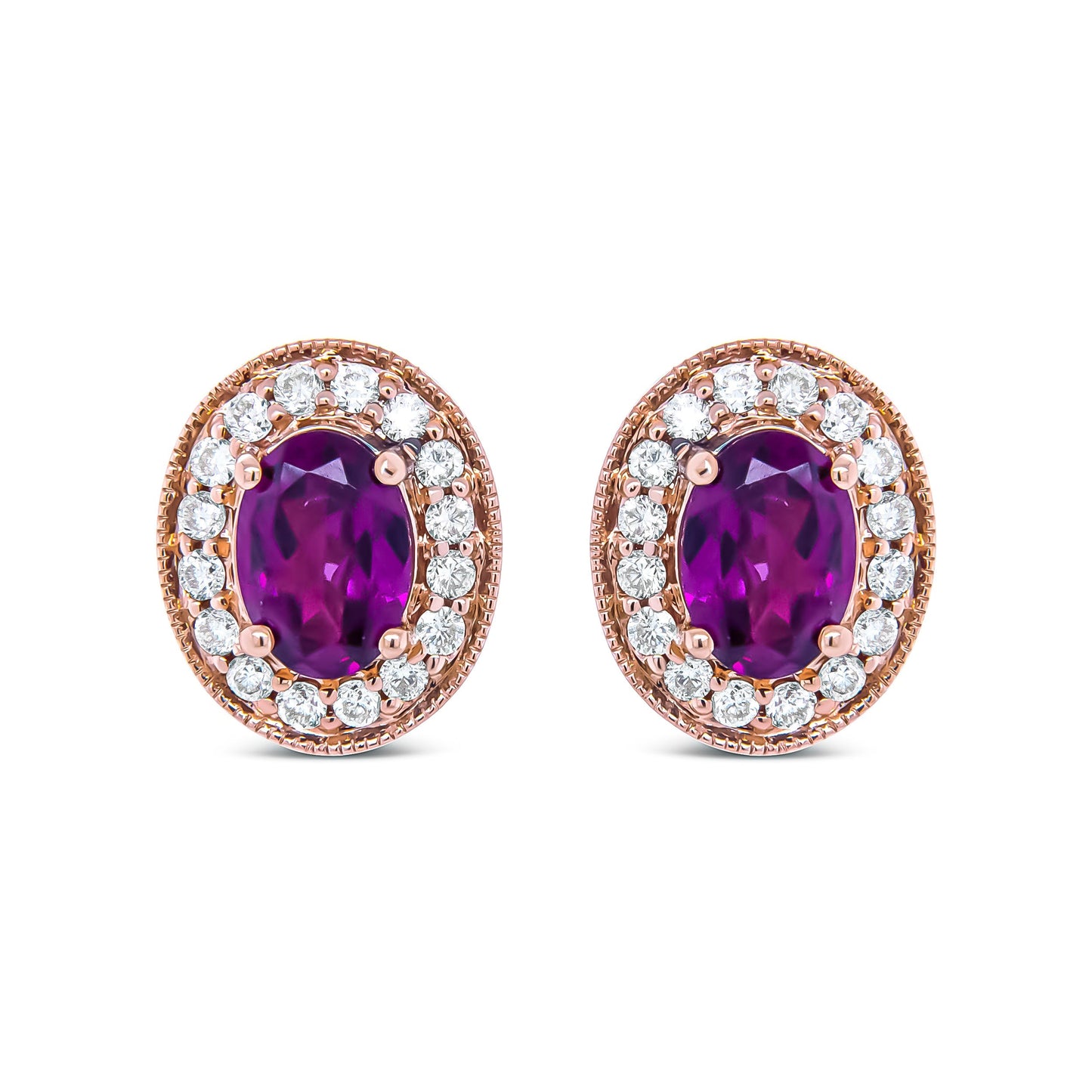 14K Rose Gold 7x5mm Oval Cut Garnet and 3/8 Cttw Round Diamond Halo Stud Earrings (G-H Color, SI1-SI2 Clarity) Bids.com