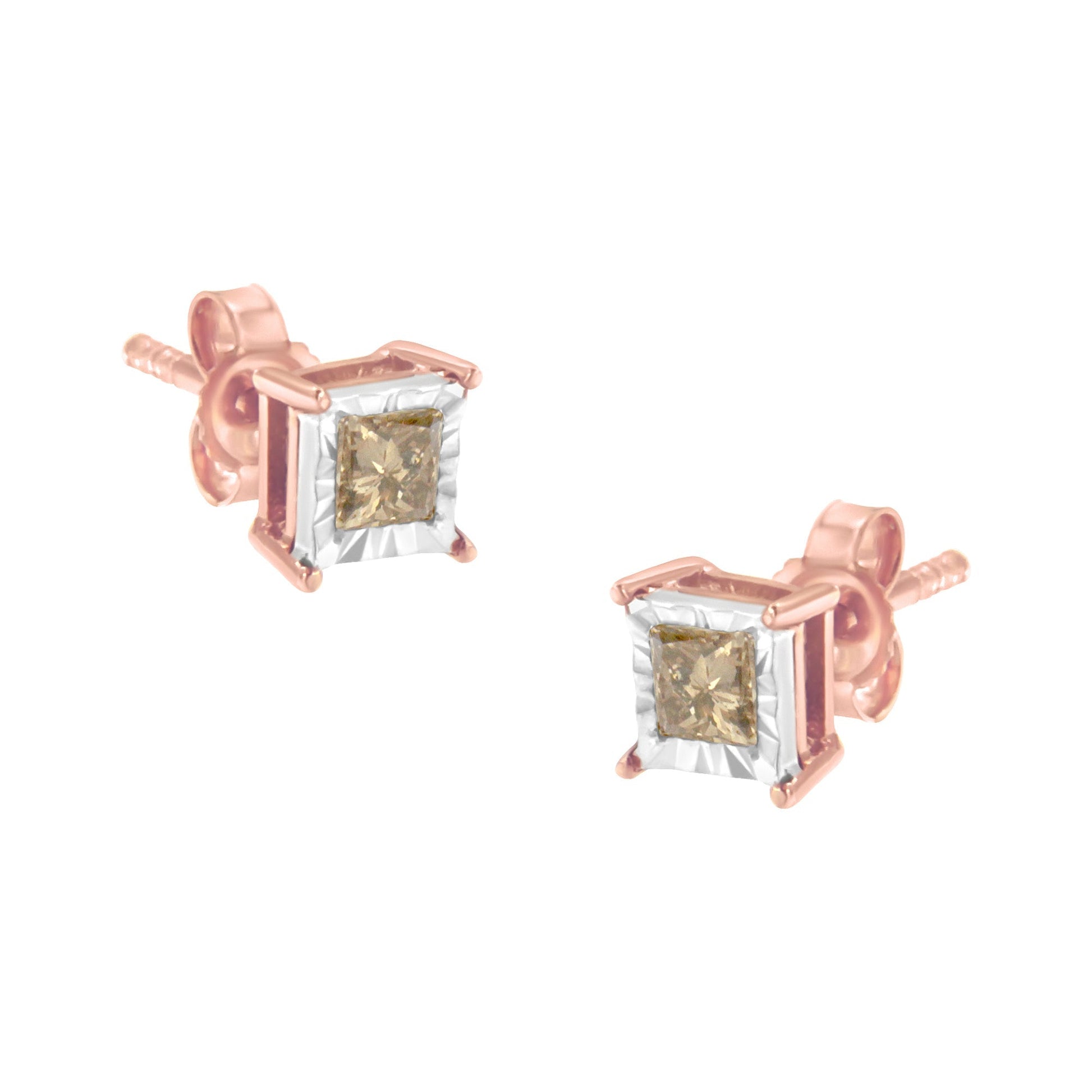 14K Rose Gold Plated Two-Tone .925 Sterling Silver 1/2 Cttw Princess-Cut Square Diamond Solitaire Miracle-Plate Stud Earrings (K-L Color, I2-I3 Clarity) Bids.com