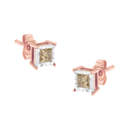 14K Rose Gold Plated Two-Tone .925 Sterling Silver 1/2 Cttw Princess-Cut Square Diamond Solitaire Miracle-Plate Stud Earrings (K-L Color, I2-I3 Clarity) Bids.com